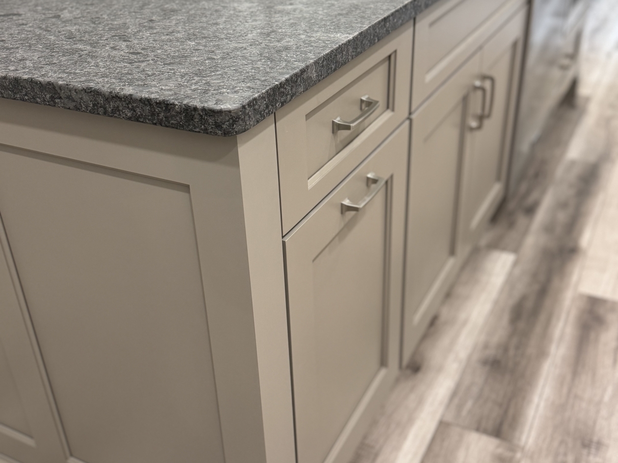 Hampshire cabinets, painted maple, custom island, leathered granite