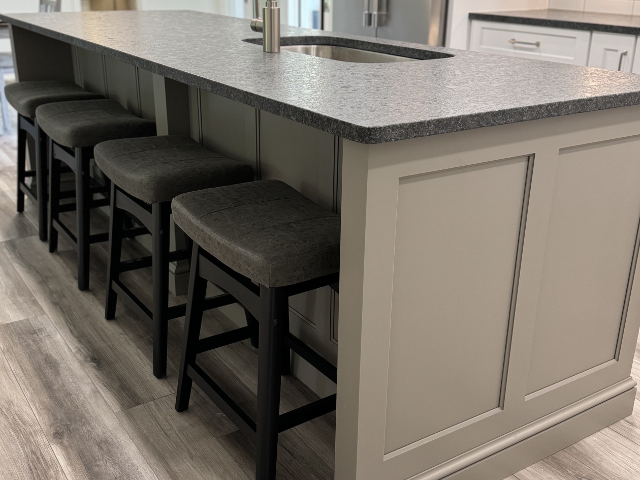 Hampshire cabinets, painted maple, gray cabinets, island seating, custom island panels