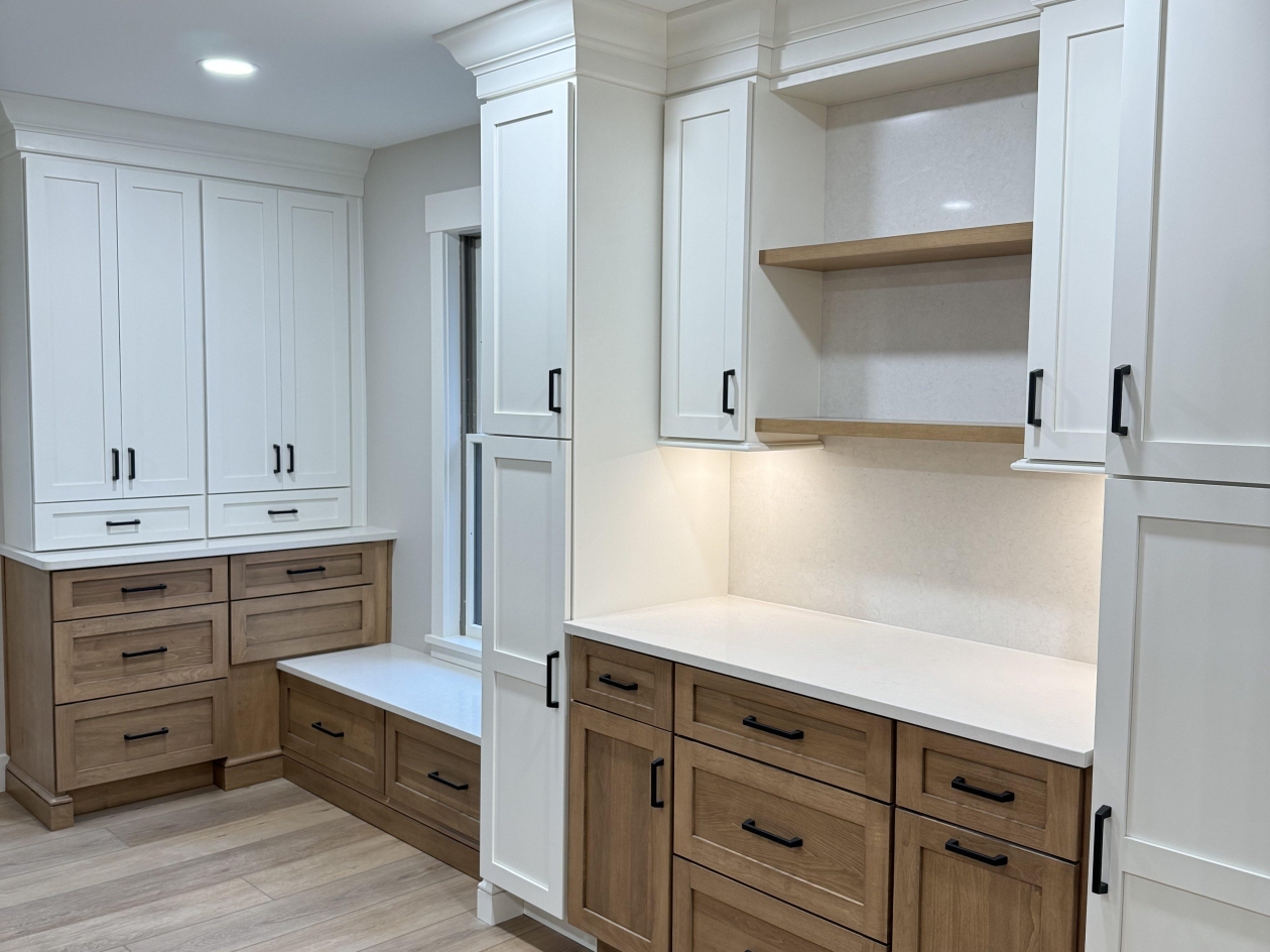 Hampshire cabinets, floating shelves, coffee bar, pantry cabinets, window seat