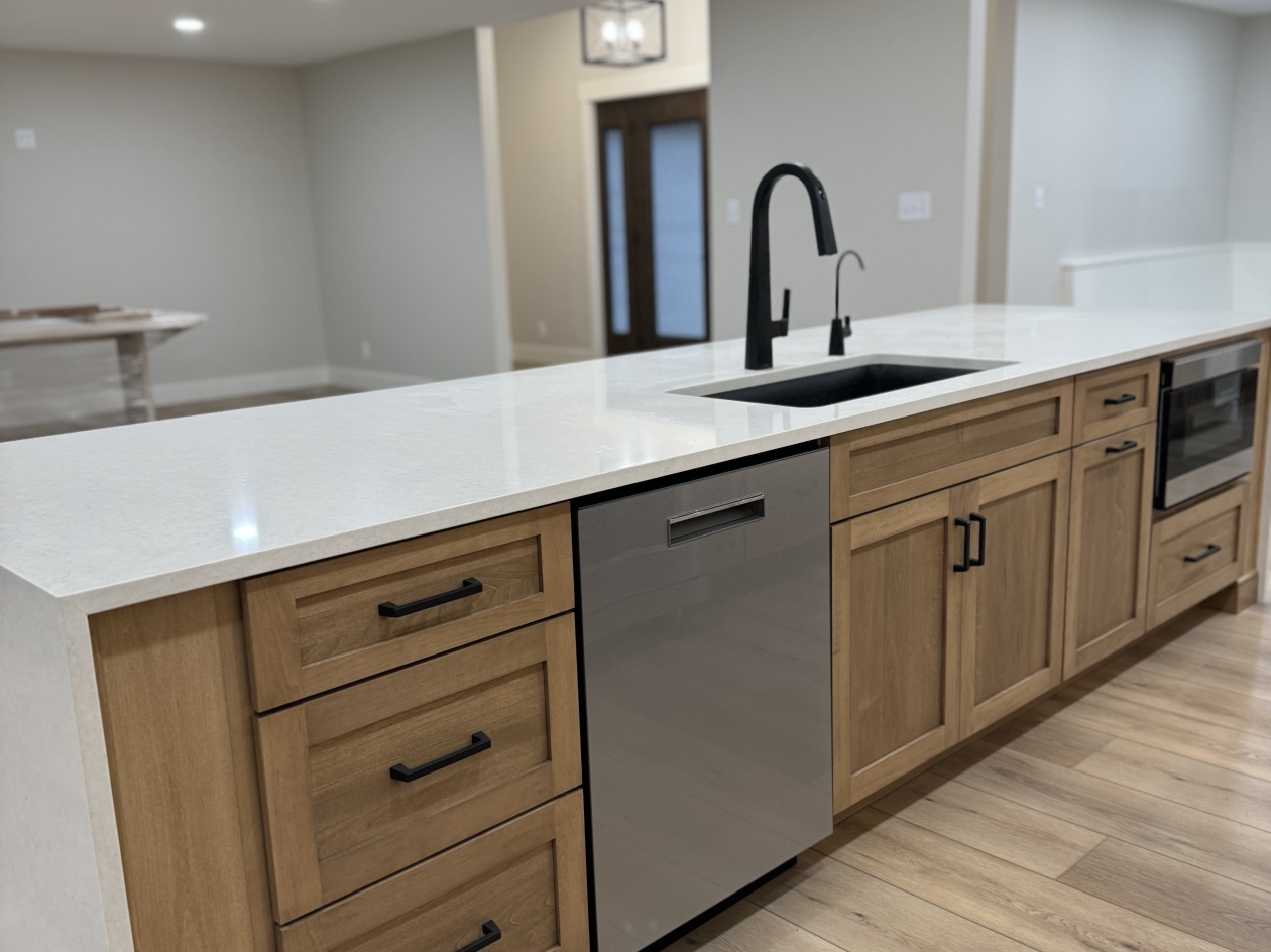 Hampshire cabinets, island, built in microwave, stained maple