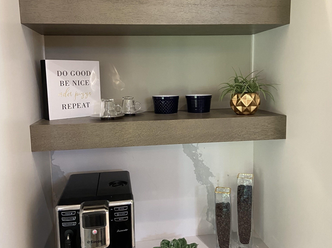 Mouser Cabinetry, coffee bar, floating shelves, oak shelves