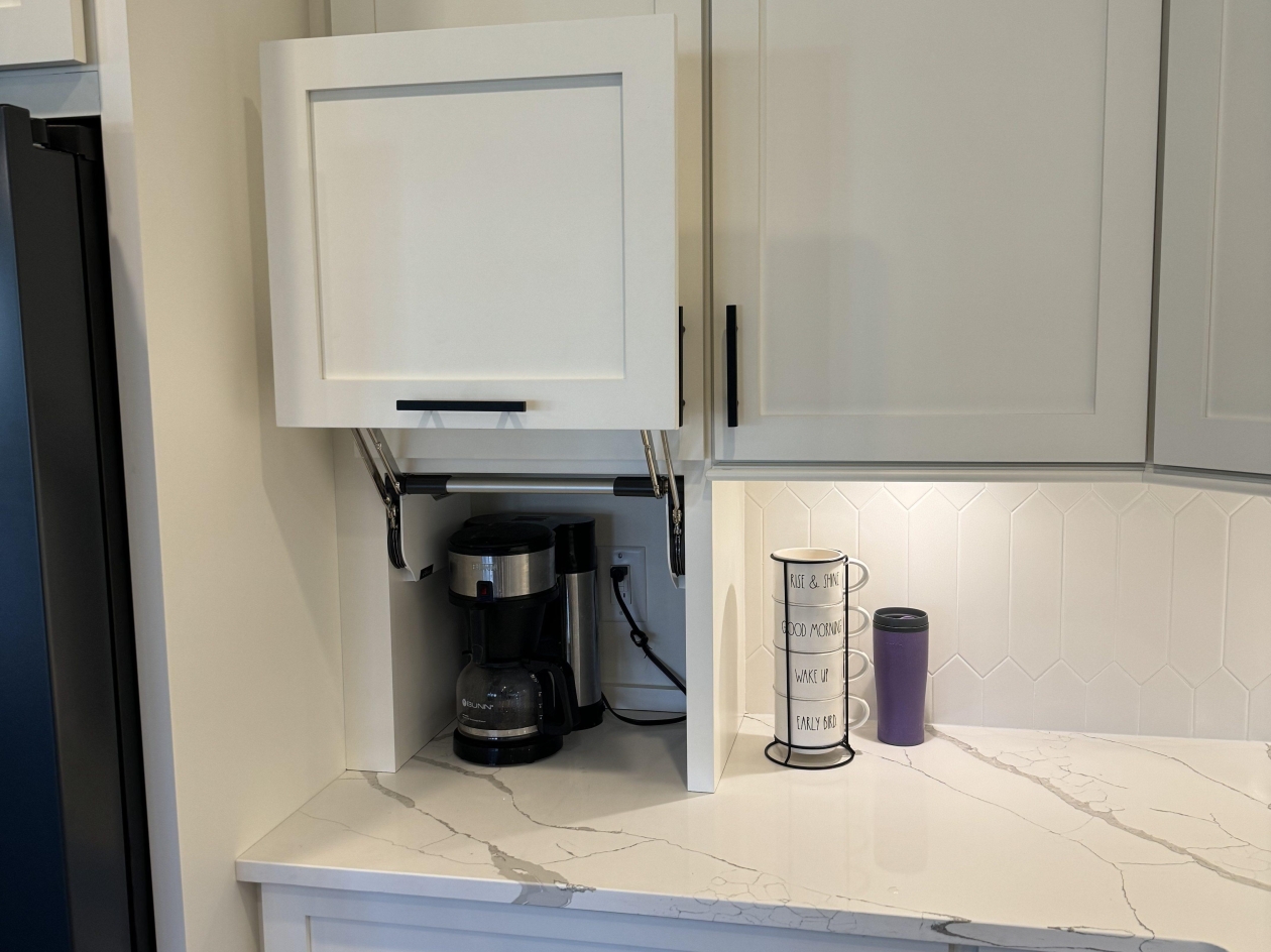Hampshire Cabinets, coffee bar, vertical lift door, appliance garage, painted maple cabinets