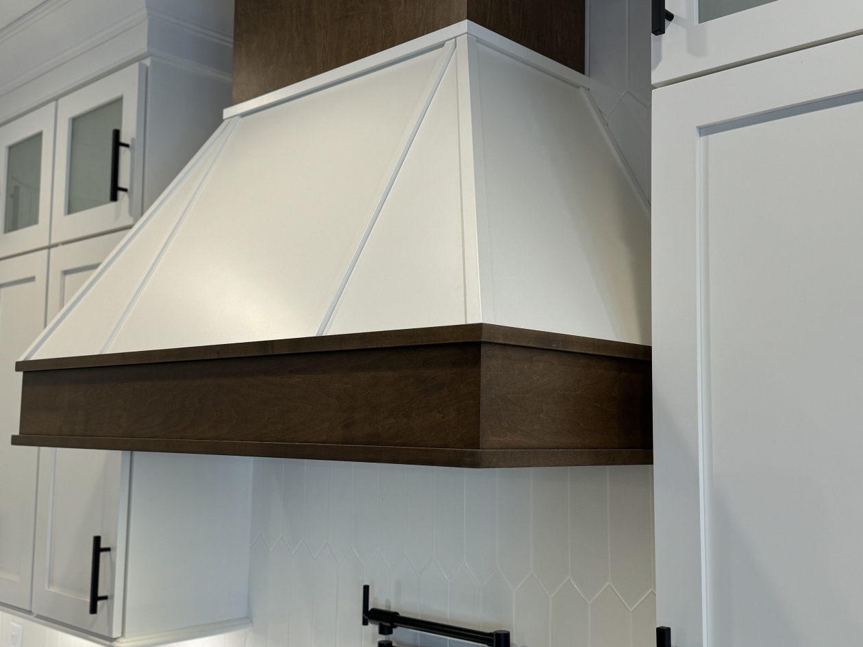 Hampshire cabinets, custom hood, picket tile backsplash, stacked upper cabinets